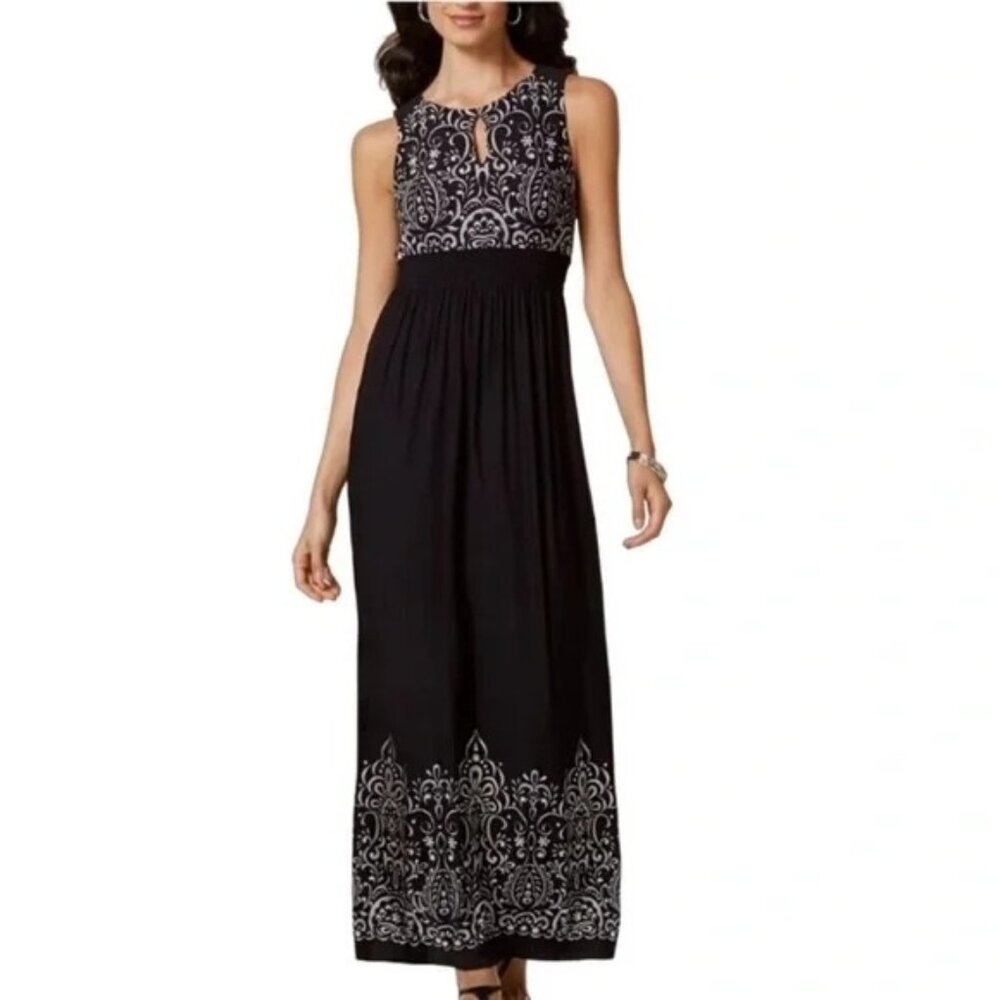 Soma Womens Jersey Knit Baroque Keyhole Smocked Maxi Dress Size XS Black Boho